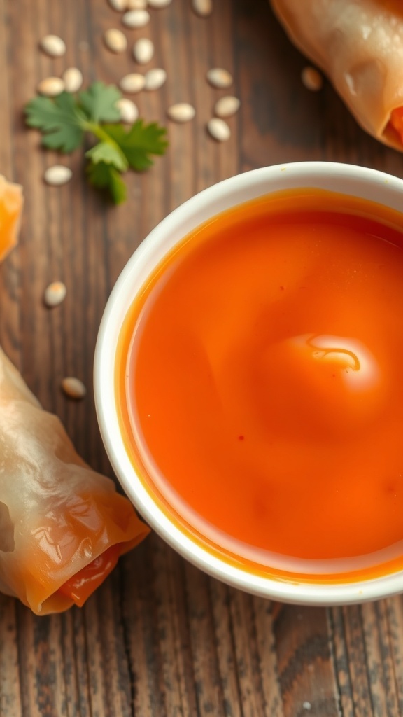 Homemade Duck Sauce Recipe A bowl of homemade duck sauce with spring rolls on a wooden table.